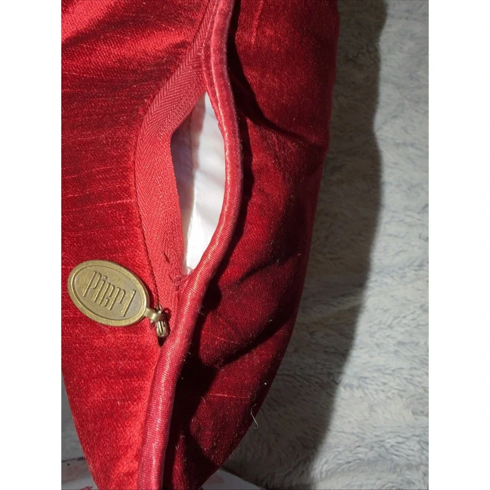 Pier 1 Imports Red Velvet Throw Pillow Square Crimson Accent Brass Logo Zip